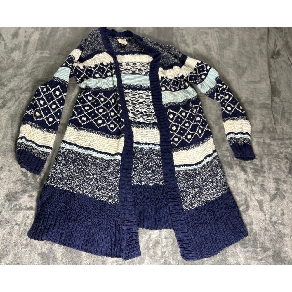 St Johns Bay Womens XL Blue Fair Isle Open Front Cardigan Cotton Blend Sweater